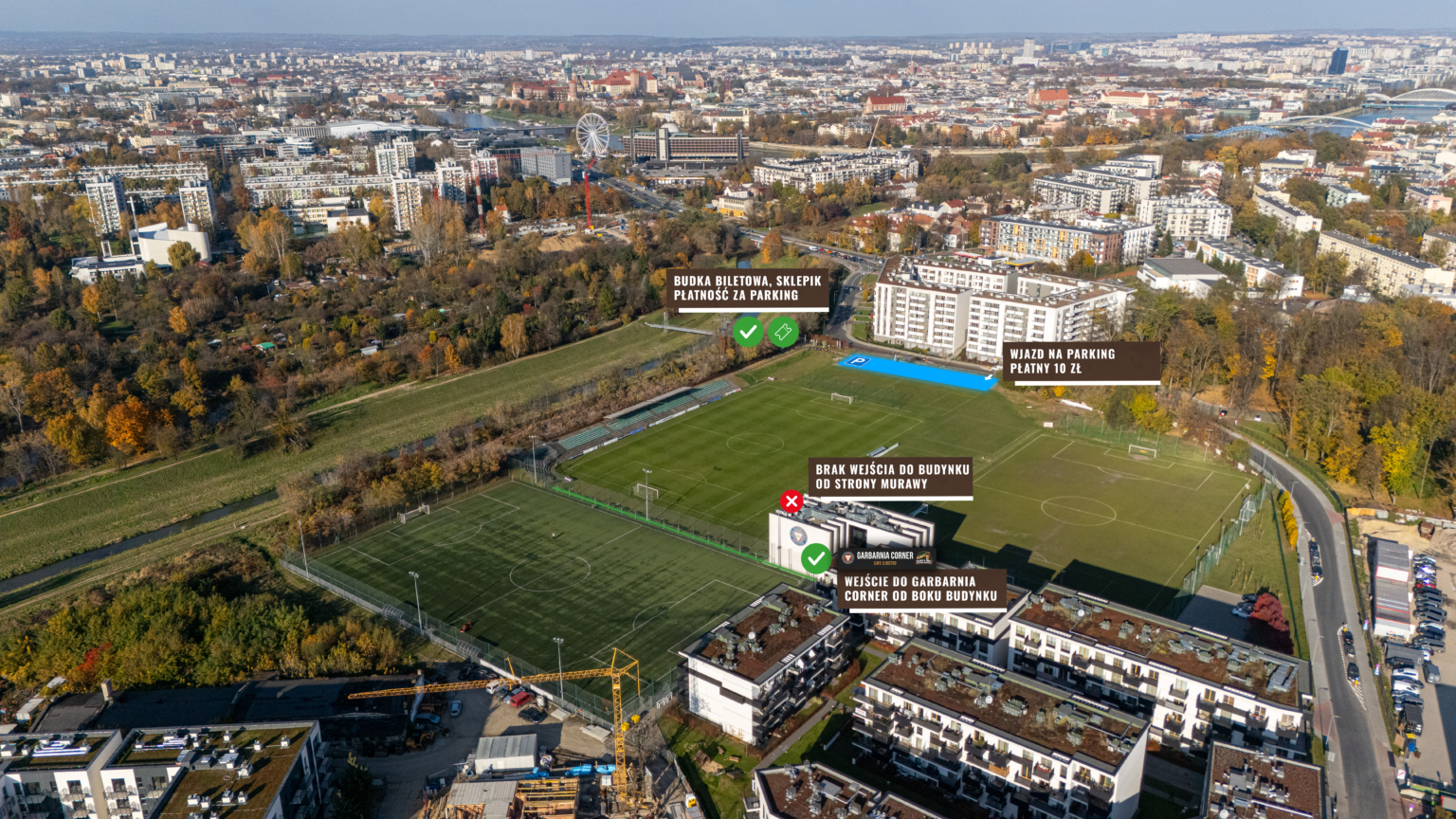 Fotografia z drona, organizacja wejścia na stadion RKS Garbarnia z zaznaczonym parkingiem, budynkiem