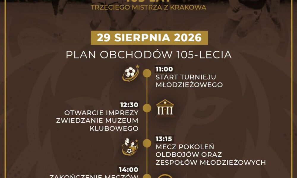 harmonogram obvhodów 105-lecia RKS Garbarnia: 11.00 – start turnieju młodzieżowego, 12.30 – otwarcie imprezy i zwiedzanie klubowego Muzeum, 13.15 – mecz pokoleń oldbojów oraz zespołów młodzieżowych, 14.00 – spotkania sympatyków i działaczy, 15.00 – mecz RKS Garbarnia Kraków – Puszcza II Niepołomice.