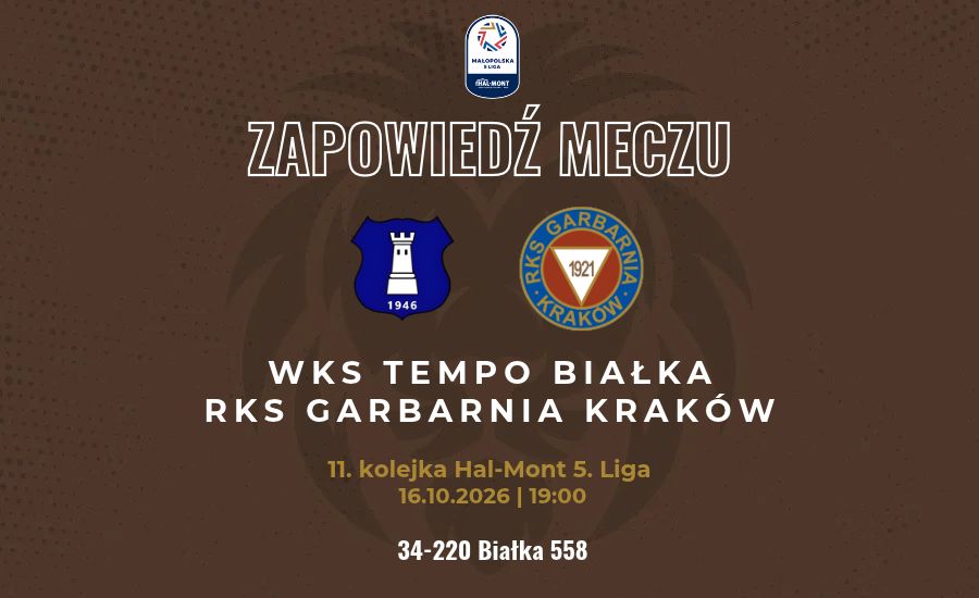 Grafika zapowiadająca mecz WKS Tempo Białka - Garbarnia Kraków, 16.10.2026, godz. 19:00